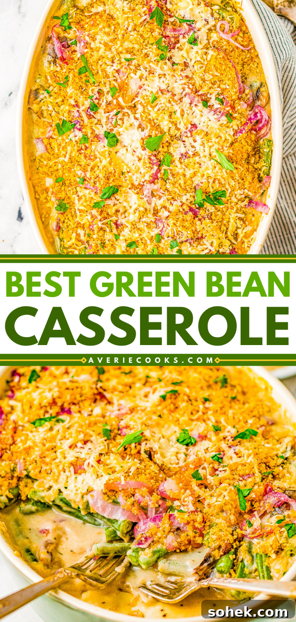 Classic Green Bean Casserole Recipe for Holiday Dinner 17 Delicious green bean casserole topped with crispy onions and fresh herbs.