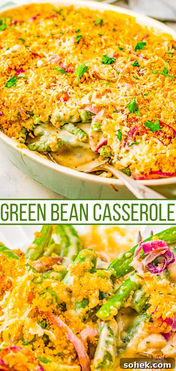 Classic Green Bean Casserole Recipe for Holiday Dinner 18 Baked green bean casserole topped with crispy breadcrumbs, garnished with parsley.