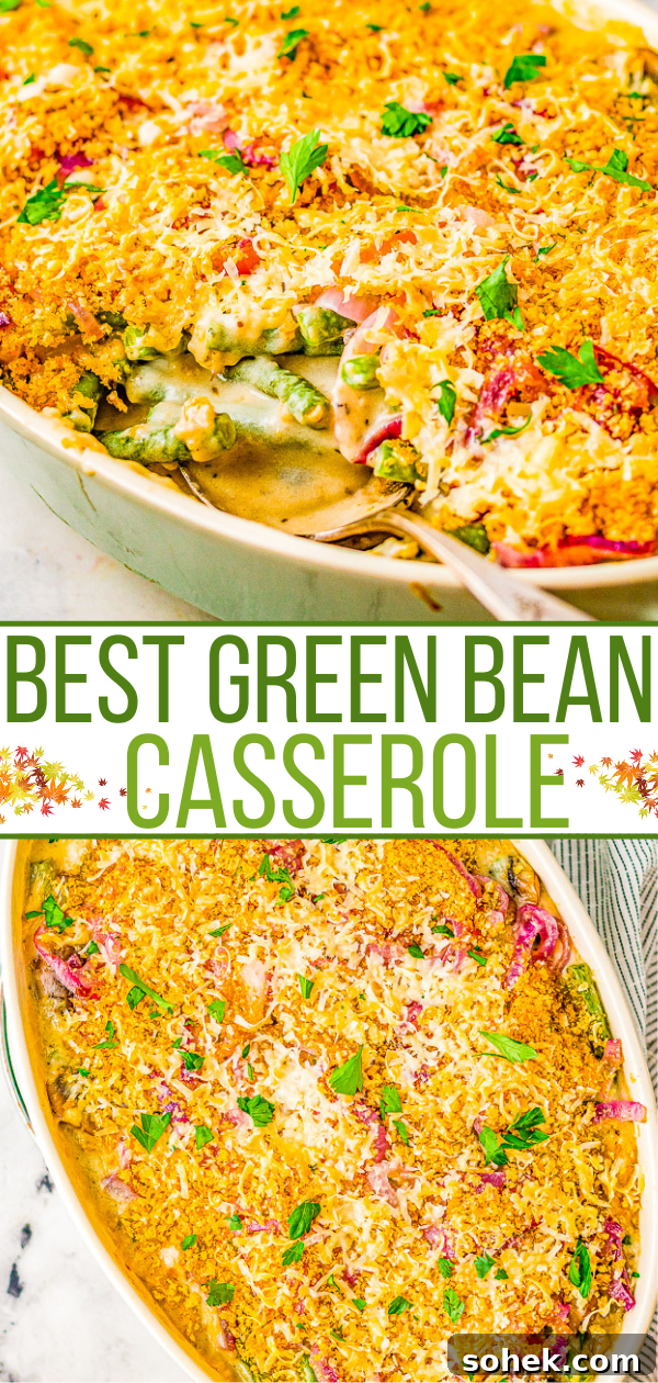 Classic Green Bean Casserole Recipe for Holiday Dinner 19 A colorful green bean casserole topped with crispy onions and fresh herbs.