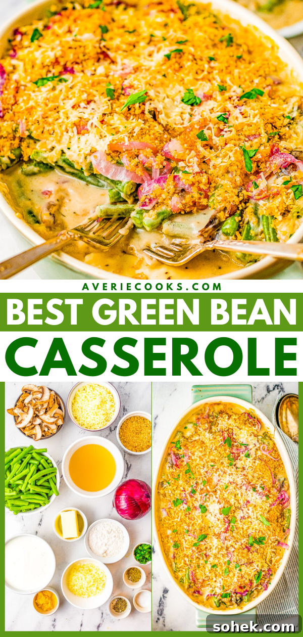 Classic Green Bean Casserole Recipe for Holiday Dinner 20 Green bean casserole in a serving dish with a guide to ingredients used in the recipe.