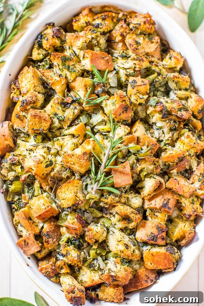 Classic Green Bean Casserole Recipe for Holiday Dinner 23 A baking dish full of homemade Thanksgiving stuffing