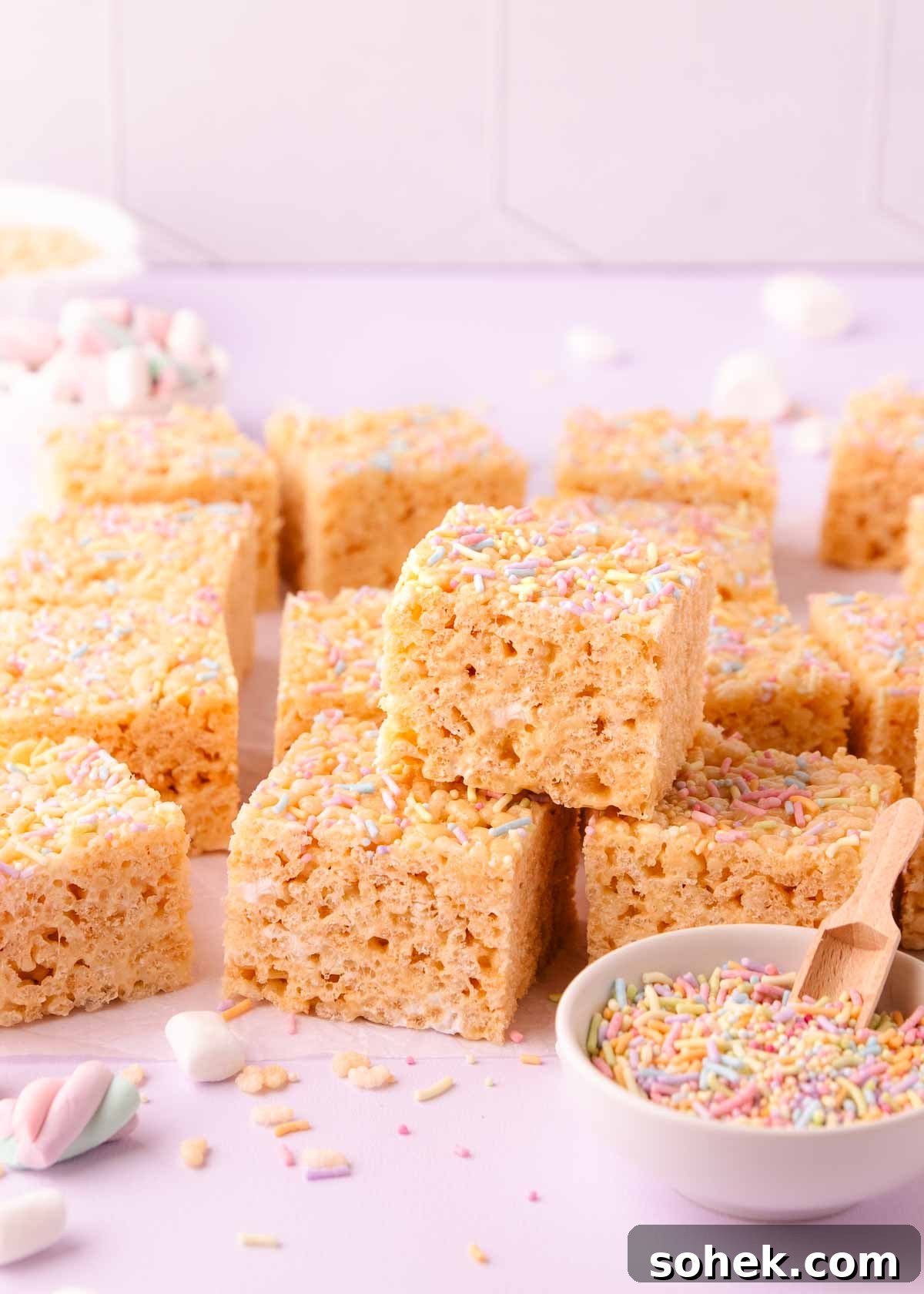 Gluten-Free Rice Krispie Treats Recipe — Crispy & Chewy Bars 2 A stack of rice krispie treats on a pale purple background with a small bowl of pastel sprinkles, text overlay reads 'gluten free rice krispie treats.'