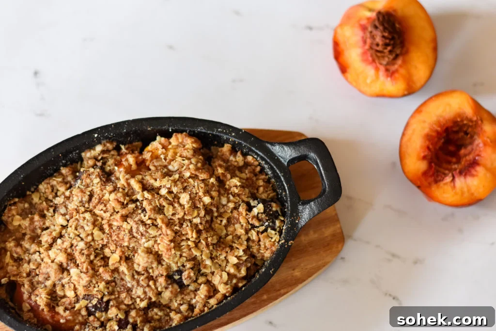 Peach and Blackberry Crisp for Two — Quick Summer Dessert 5 Served mini crumble