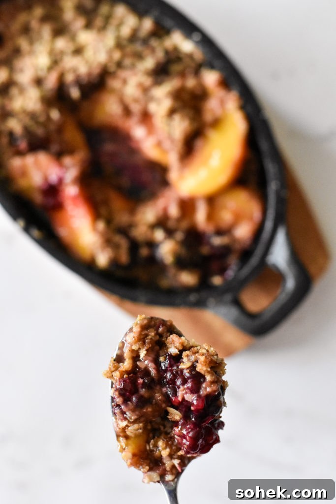 Peach and Blackberry Crisp for Two — Quick Summer Dessert 6 Mini crumble plated