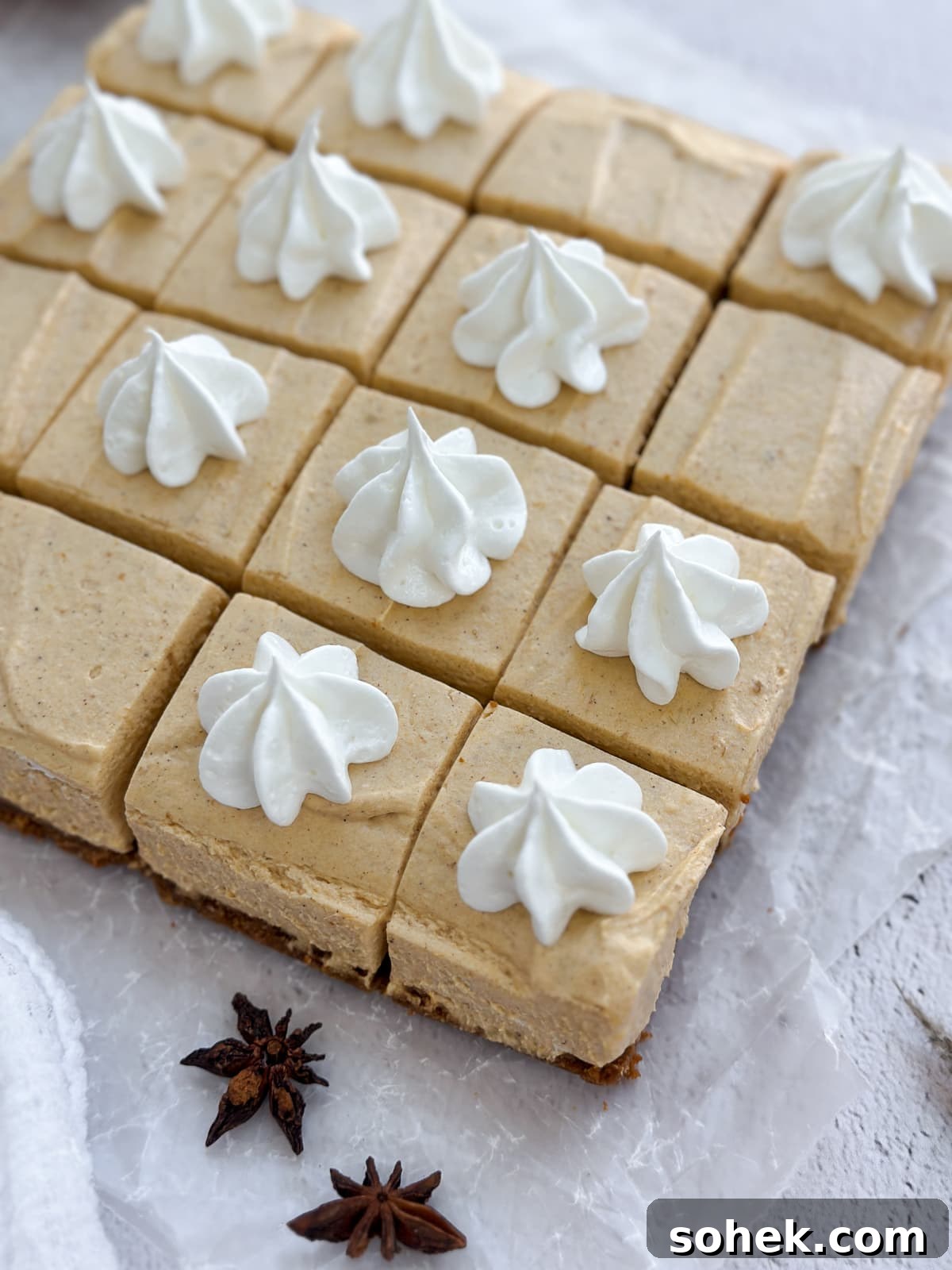No-Bake Pumpkin Cheesecake Bars — Creamy Fall Dessert Recipe 13 a side view of all the no bake pumpkin cheesecake bars.