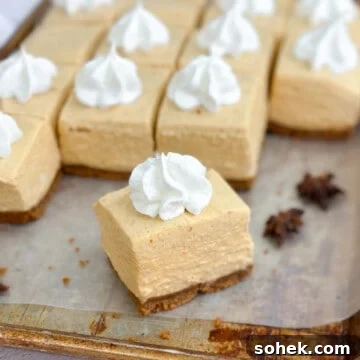 No-Bake Pumpkin Cheesecake Bars — Creamy Fall Dessert Recipe 19 a close up of a square of no bake pumpkin cheesecake bars on a baking sheet.