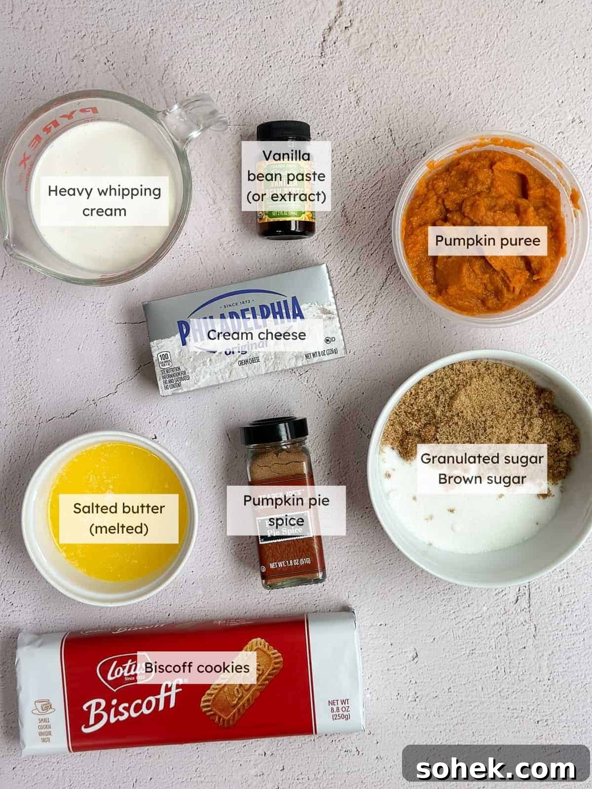 No-Bake Pumpkin Cheesecake Bars — Creamy Fall Dessert Recipe 4 All the ingredients needed to make No-bake pumpkin cheesecake bars.