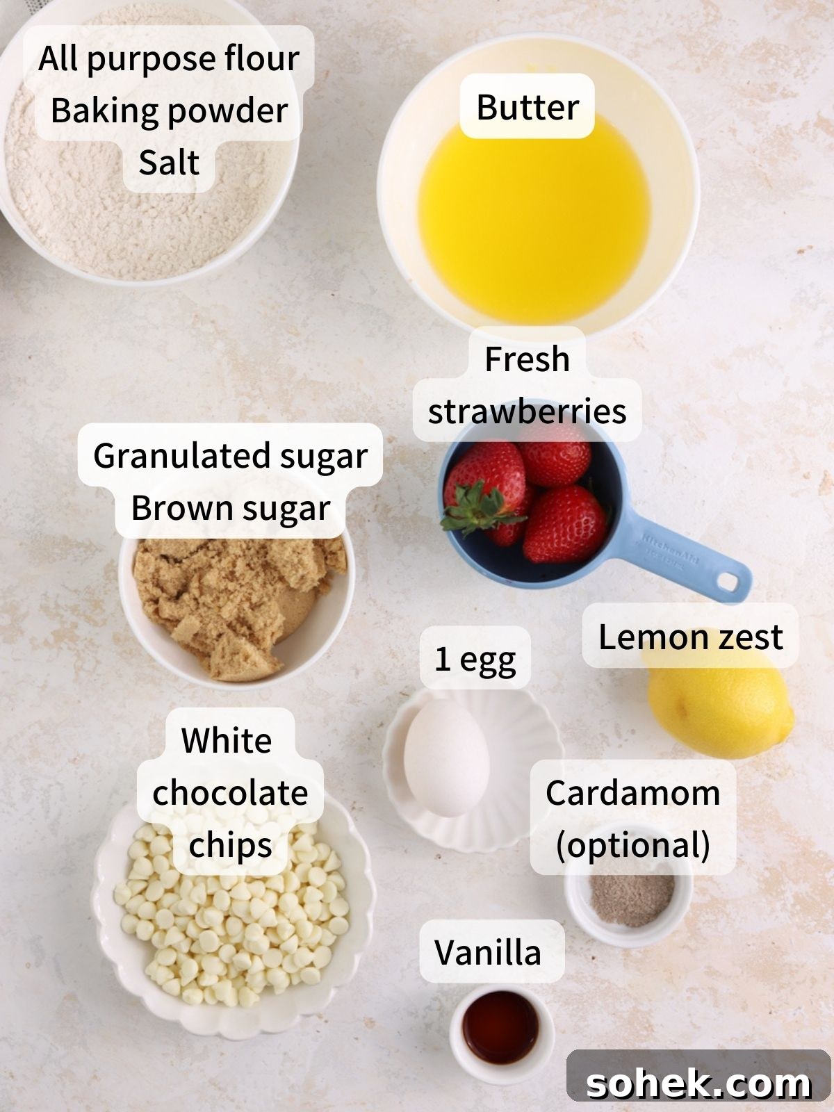 Labeled ingredients for strawberry blondies laid out