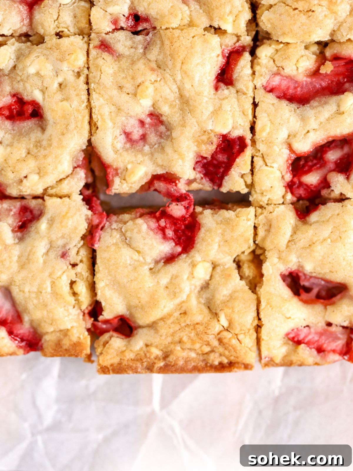 Golden strawberry blondies cut into squares