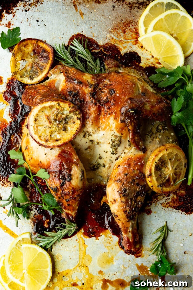 Weekly Meal Plan: October 2–8 (7-Day Menu Guide) 8 a photo of a spatchcock chicken that is golden covered in herbs and slices of lemon.