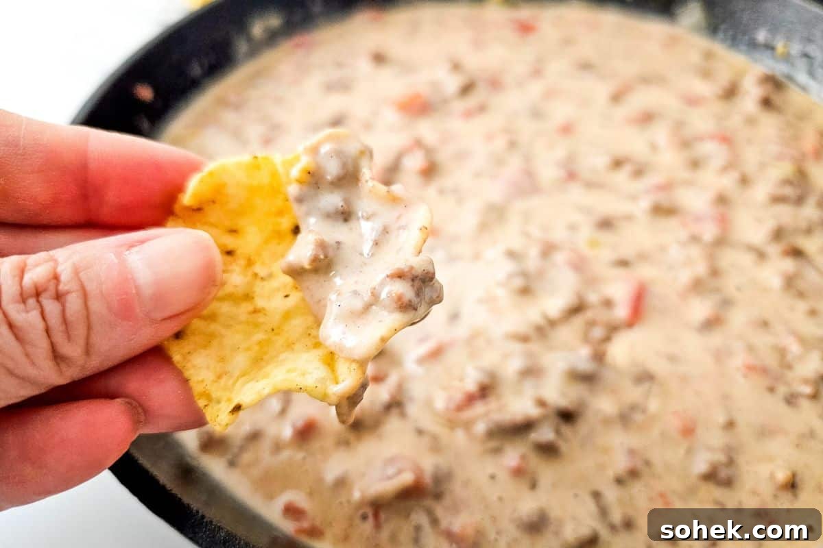 21 Quick Ground Beef Dinners That Will Have Everyone Asking Your Secret 12 A hand holding a tortilla chip with creamy Queso Blanco Rotel Dip, over a skillet filled with the same dip.