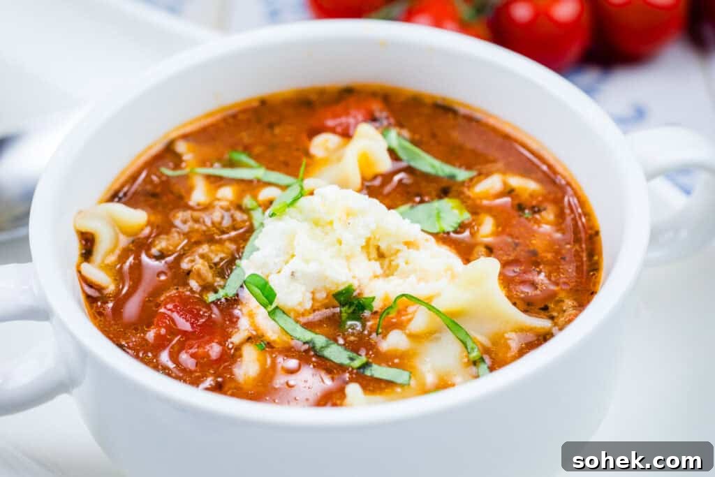 21 Quick Ground Beef Dinners That Will Have Everyone Asking Your Secret 13 A bowl of beefy lasagna soup with a dollop of ricotta cheese, garnished with basil.