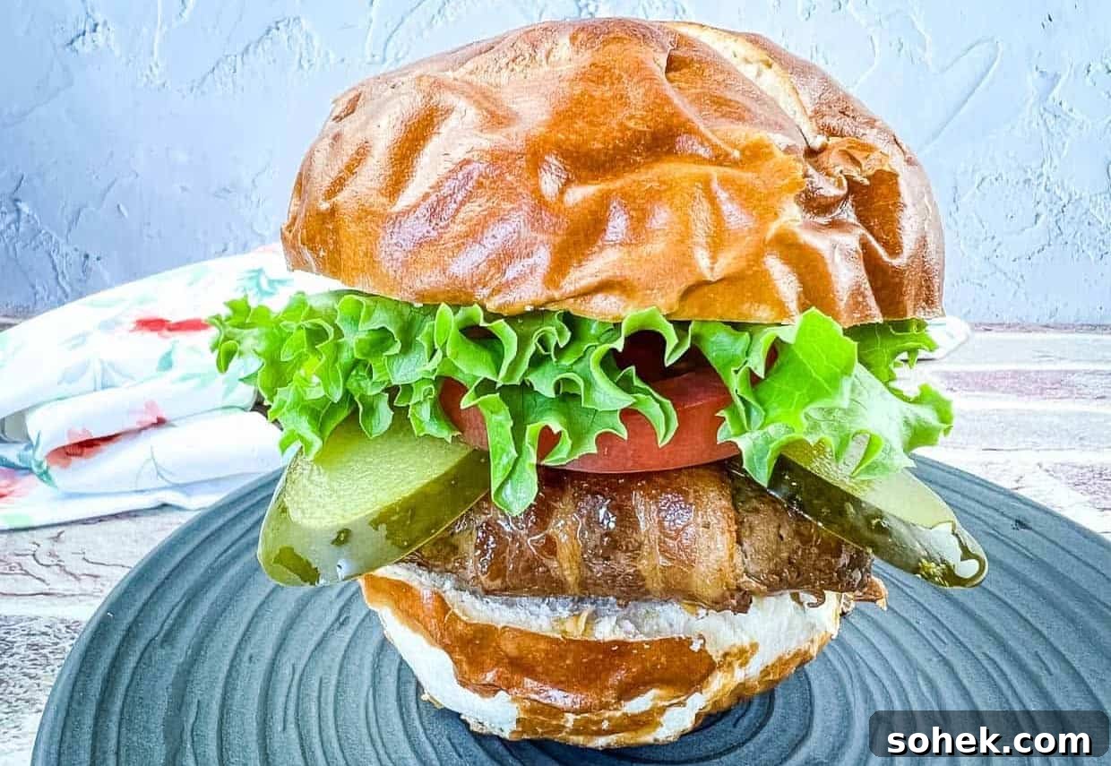 21 Quick Ground Beef Dinners That Will Have Everyone Asking Your Secret 17 Bacon-Wrapped Burger on a black plate.
