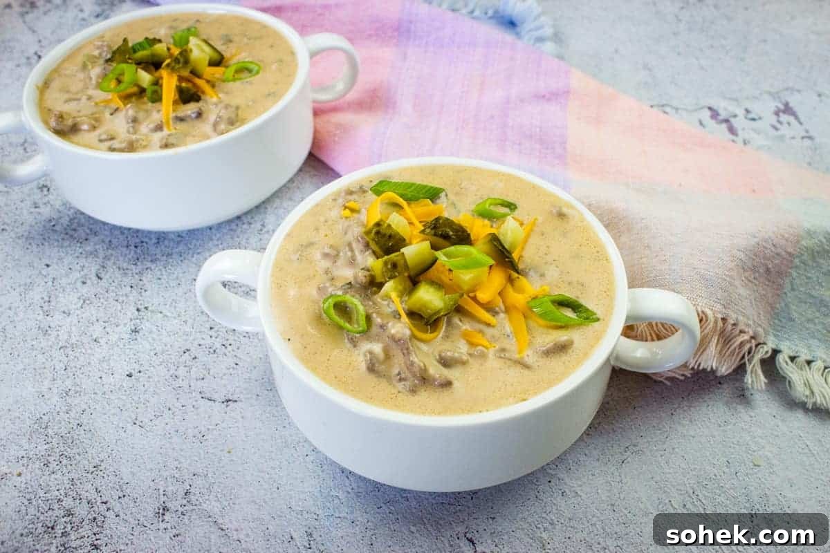 21 Quick Ground Beef Dinners That Will Have Everyone Asking Your Secret 23 Cheeseburger soup in two serving bowls.