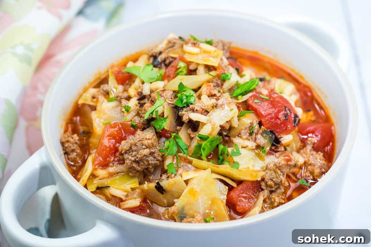 21 Quick Ground Beef Dinners That Will Have Everyone Asking Your Secret 4 A bowl of cabbage roll soup with ground meat, chopped tomatoes, and rice, garnished with fresh parsley.