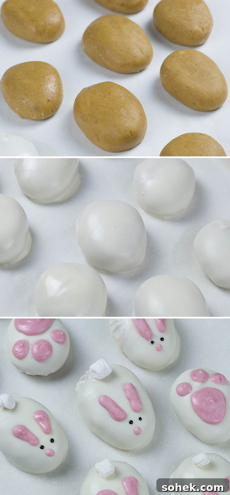 White Chocolate Easter Bunny Recipes and Gift Ideas 3 Three steps image - peanut butter balls, whitechocolate dipped balls and finished Easter bunnies.