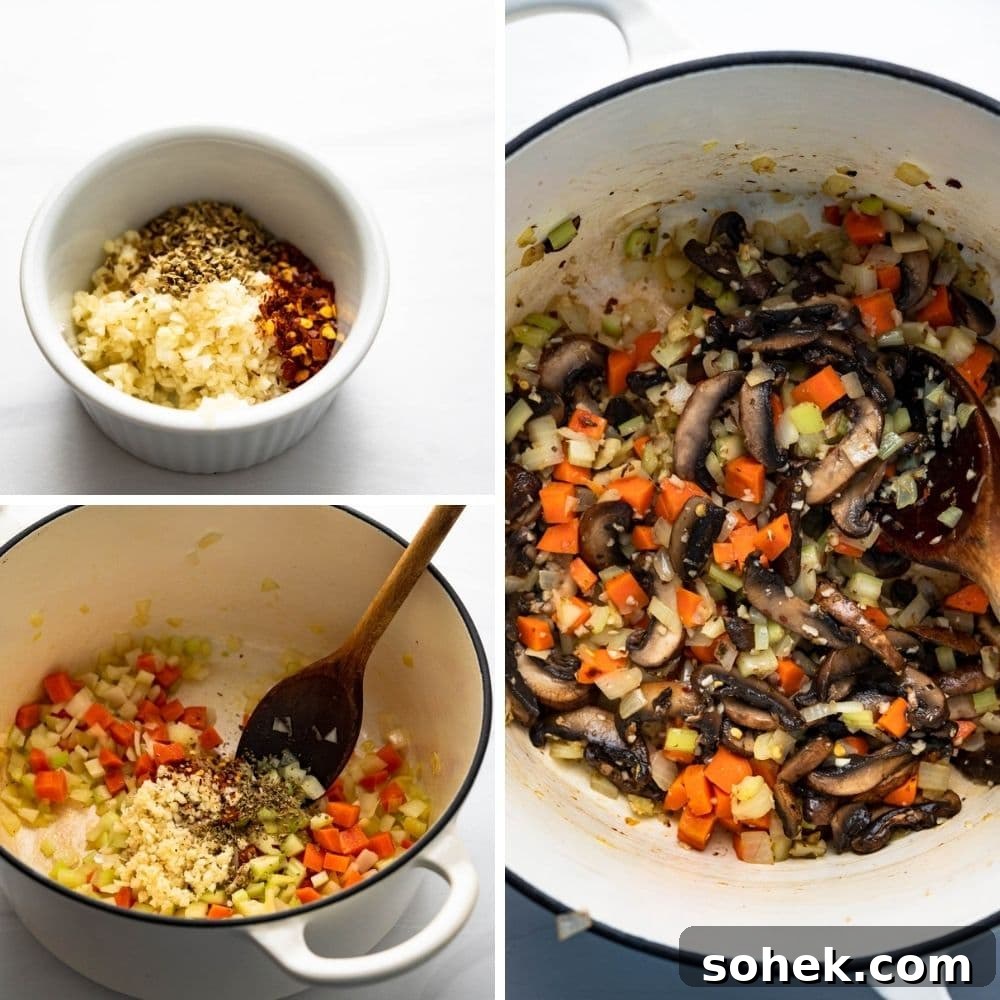 sweating vegetables with garlic, crushed red pepper and oregano.