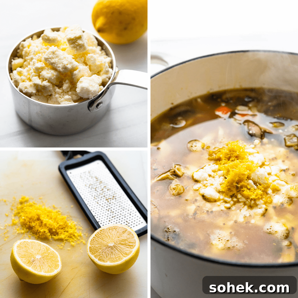 feta cheese and lemon being added to the soup.