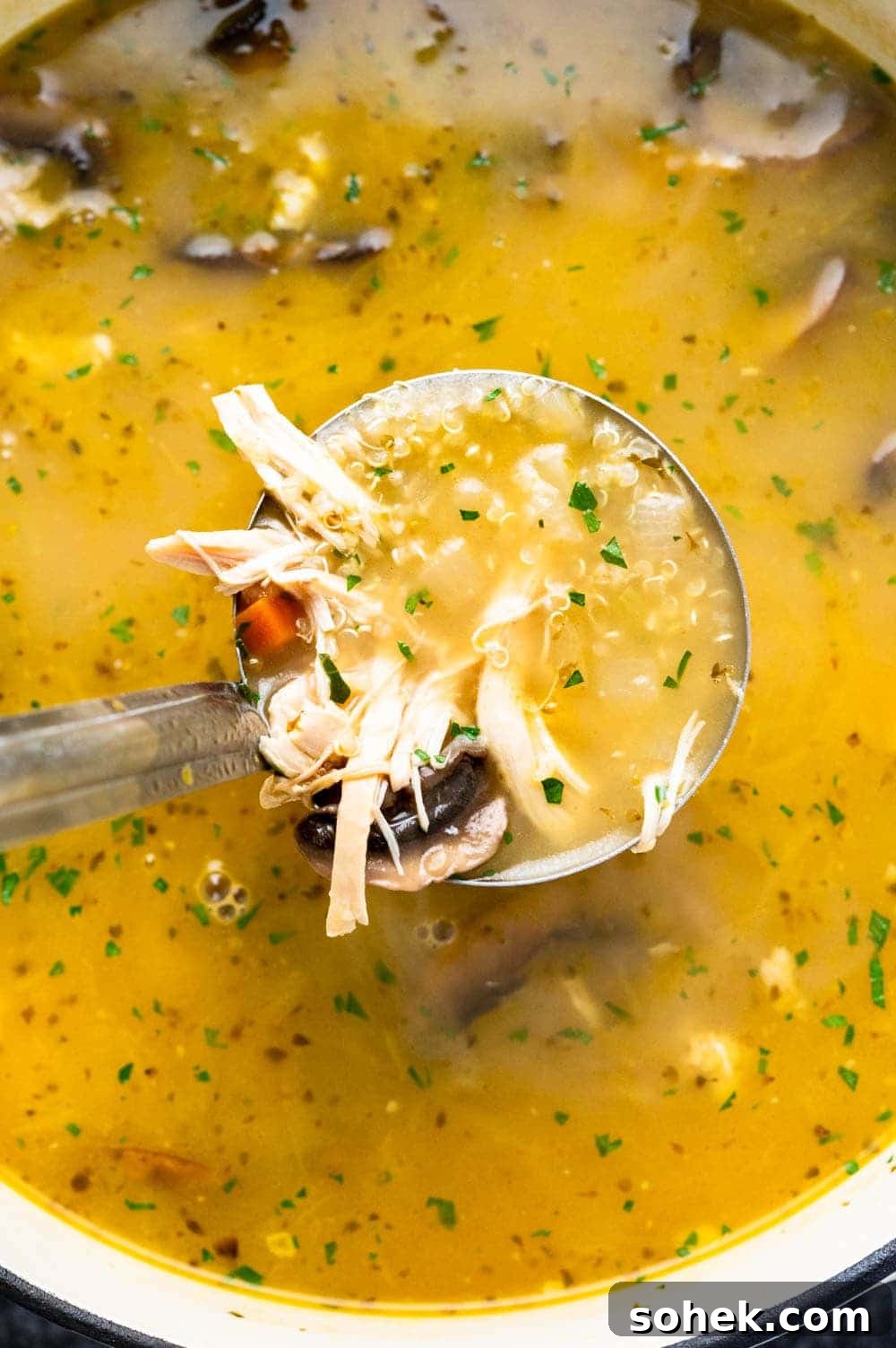 Ladling a serving of lemon chicken quinoa soup.