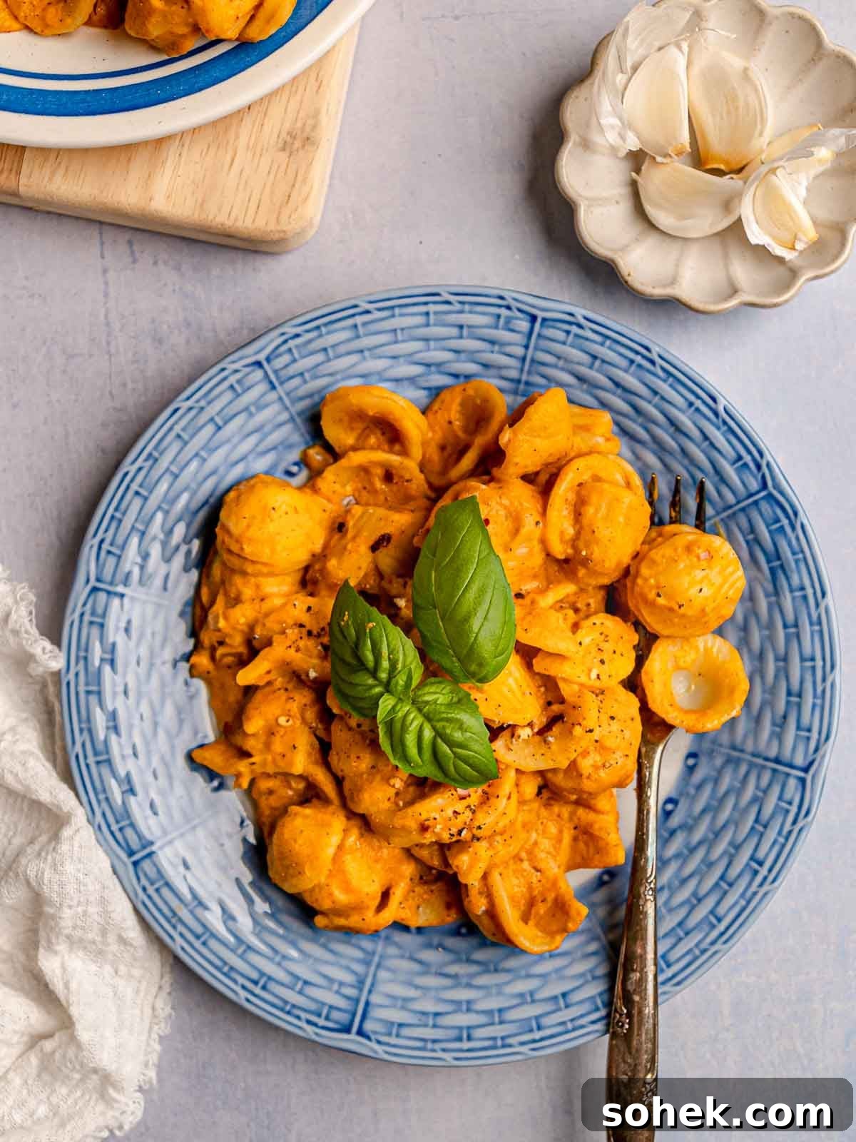 Creamy Pumpkin Pasta Sauce Recipe: Vegan, Savory Fall Dinner 2 Orecchiette pasta coated in creamy pumpkin sauce, garnished with fresh basil, served on a textured blue plate.