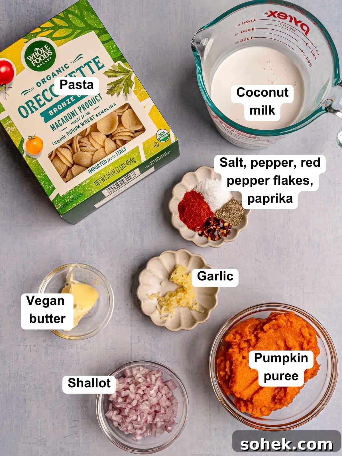 Creamy Pumpkin Pasta Sauce Recipe: Vegan, Savory Fall Dinner 3 Labeled ingredients for vegan pumpkin pasta sauce including pasta, pumpkin puree, coconut milk, shallot, garlic, spices, and vegan butter.