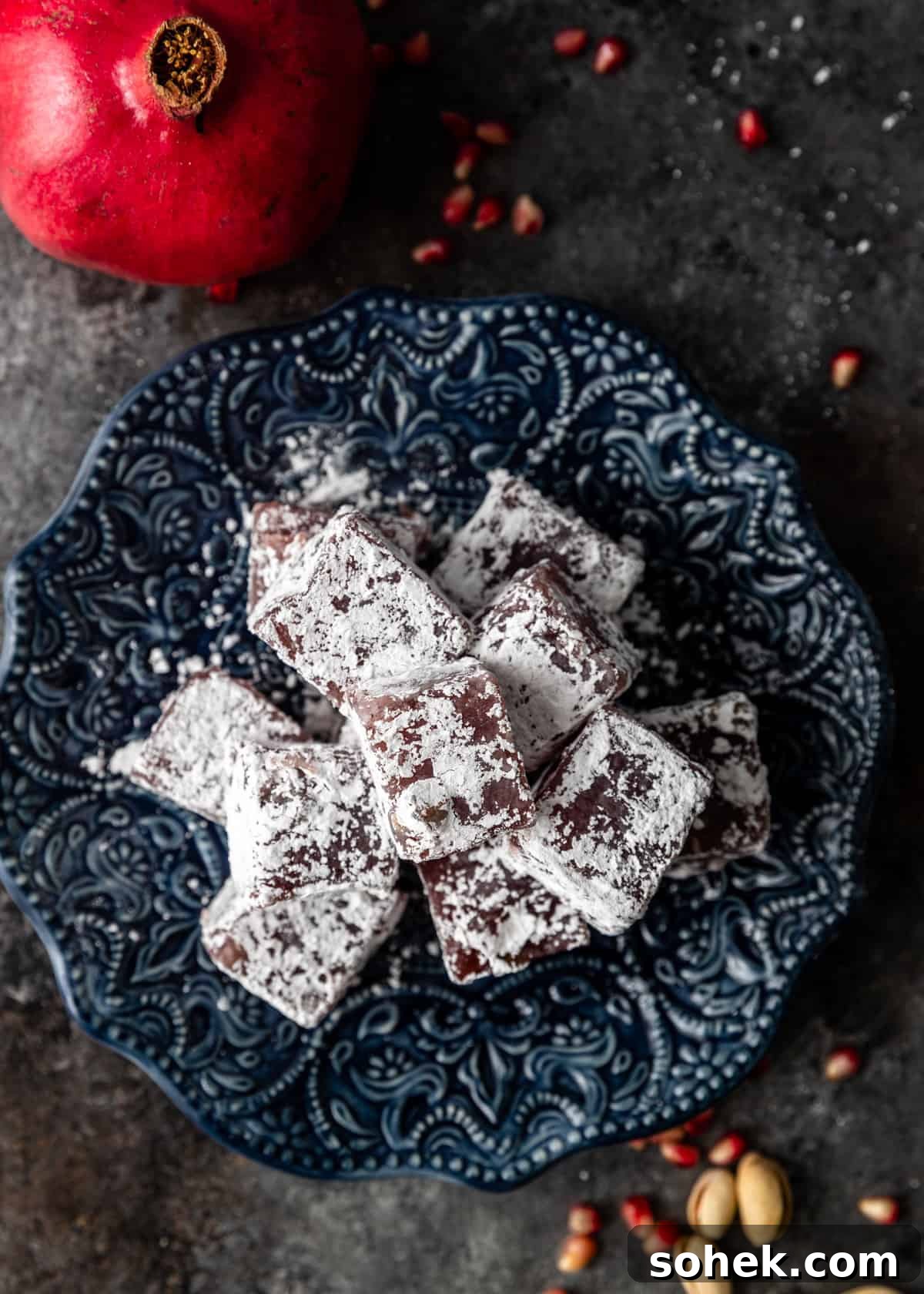 Authentic Turkish Delight (Lokum) Recipe for Soft, Chewy Sweets 19 overhead: platter of pomegranate pistachio lokum candies