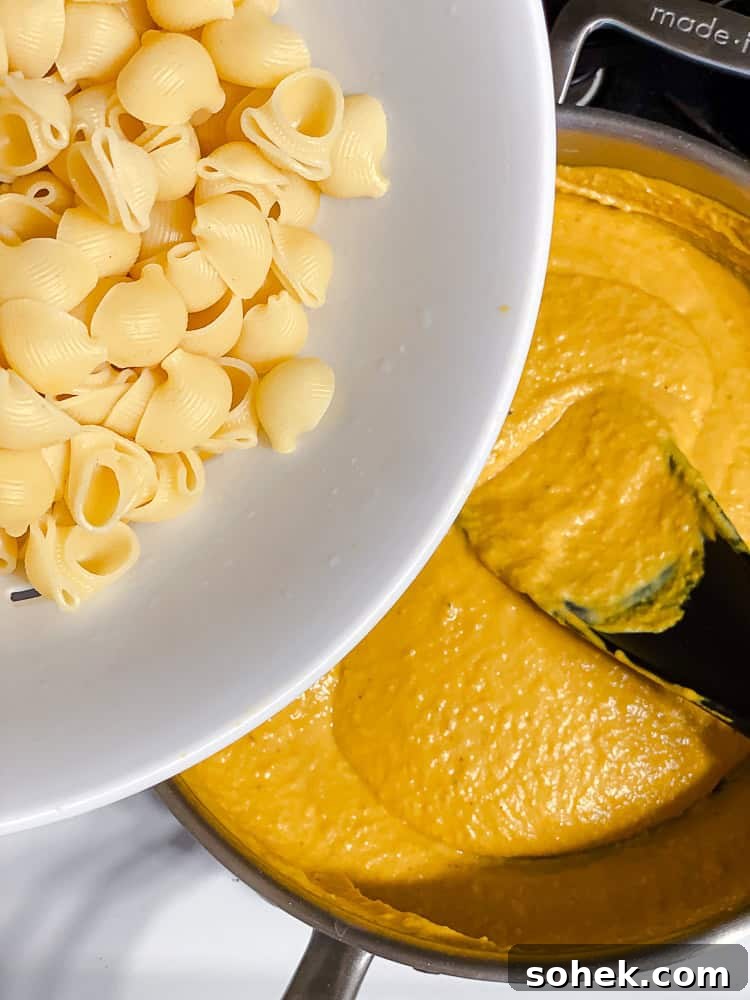 Creamy Butternut Squash Macaroni and Cheese Recipe 8 process shot showing adding pasta to pan