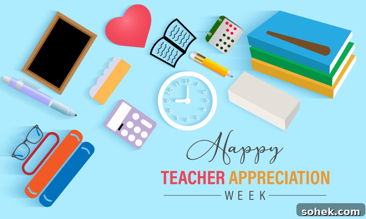 Teacher Appreciation Week: Freebies and Deals for Teachers 6 Happy Teacher Appreciation Week, with school related object such as a clock and calculator.