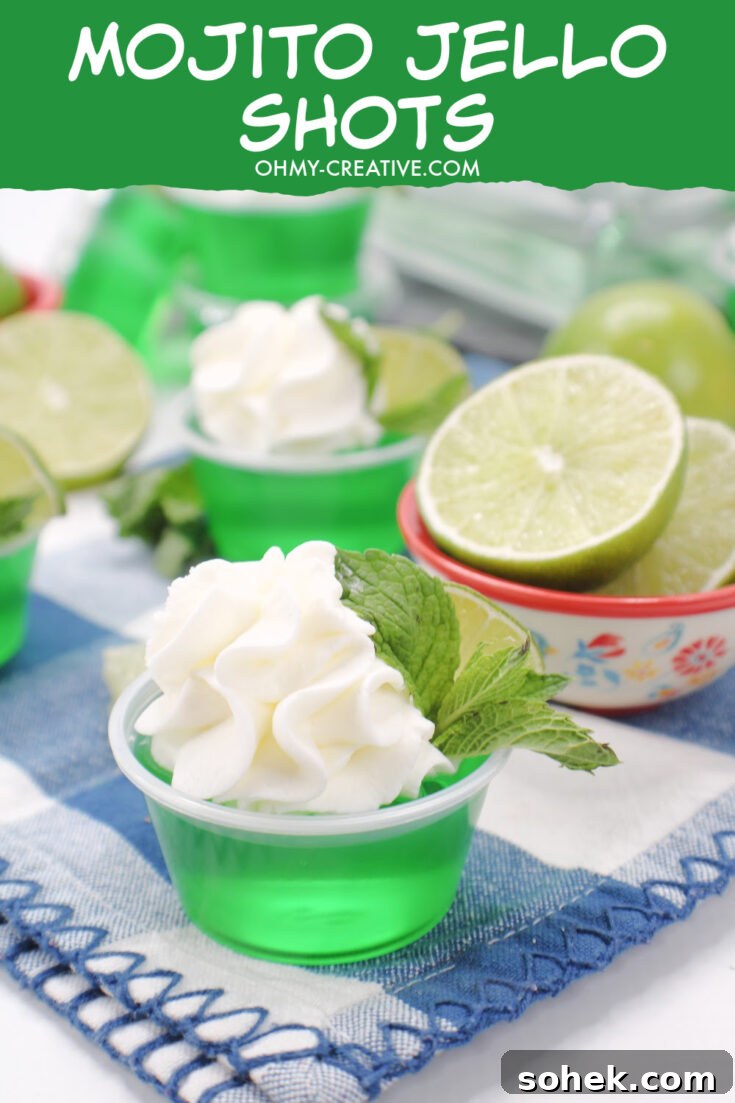 Mojito Jello Shots made with lime Jell-O and light rum. Garnished with whipped cream, a lime wedge and mint.