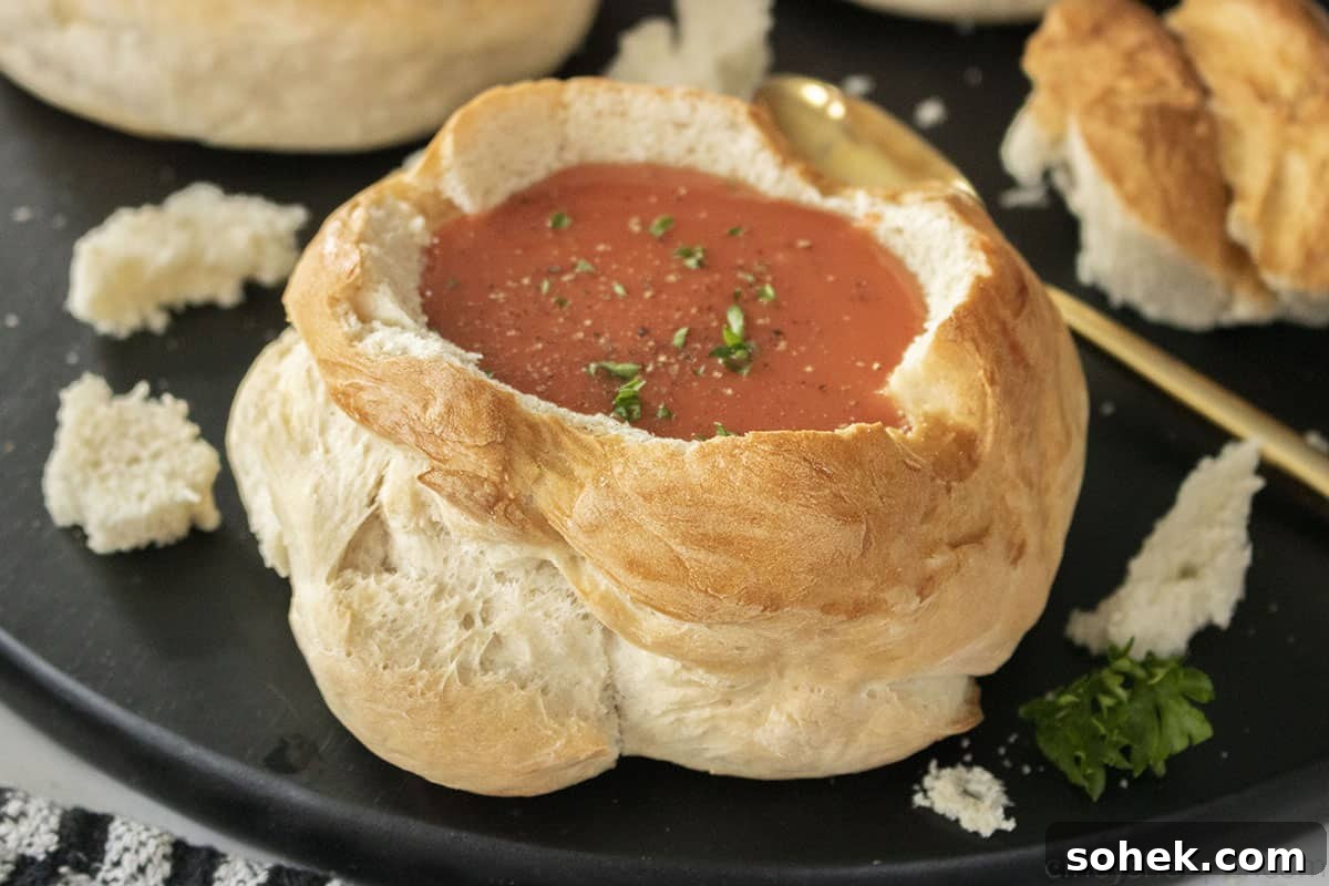 How to Make Homemade Bread Bowls for Soup and Dips 6 Bread bowl with tomato soup.