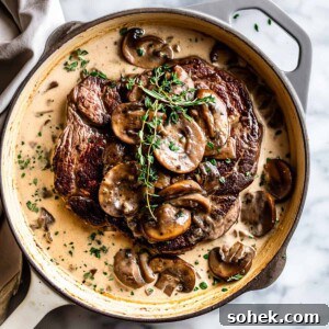Pan-seared steak with cream mushroom sauce and herbs.