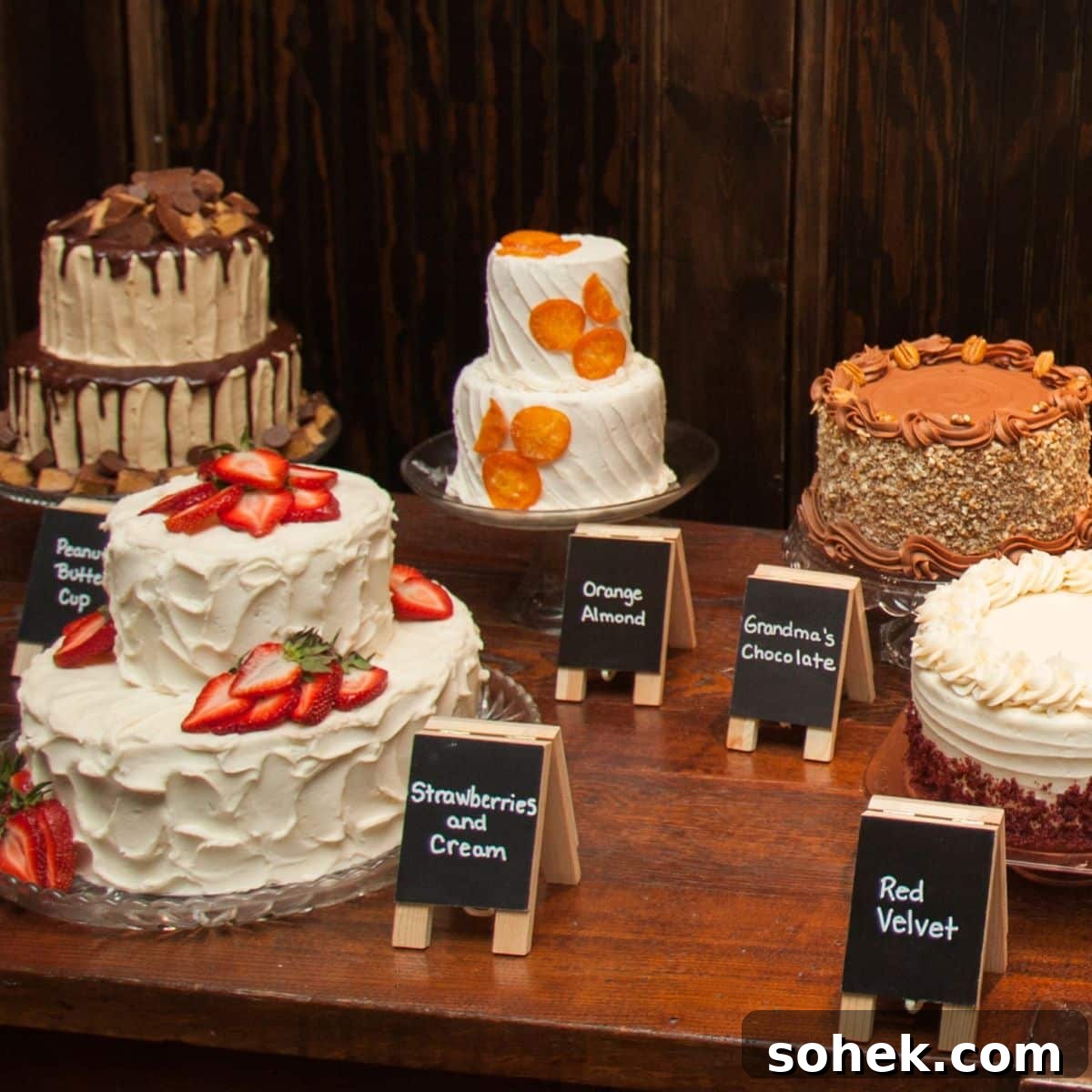 table with several different wedding cake flavors and recipes.