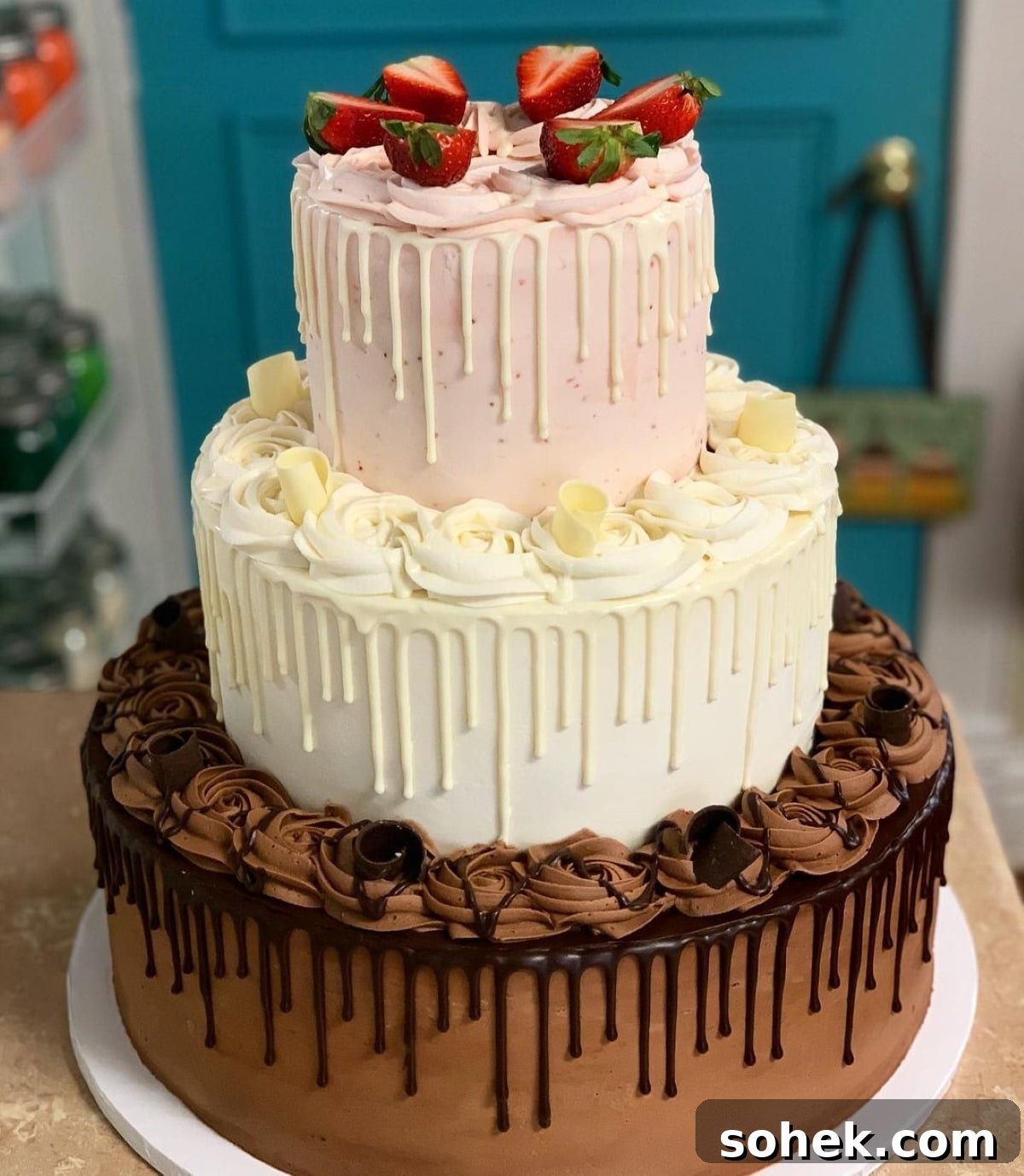 three tiered neapolitan wedding cake with a chocolate bake, vanilla center, and strawberry cake on top.