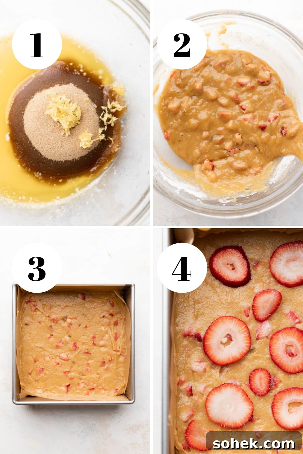 a process collage of the steps for making strawberry lemon blondies.