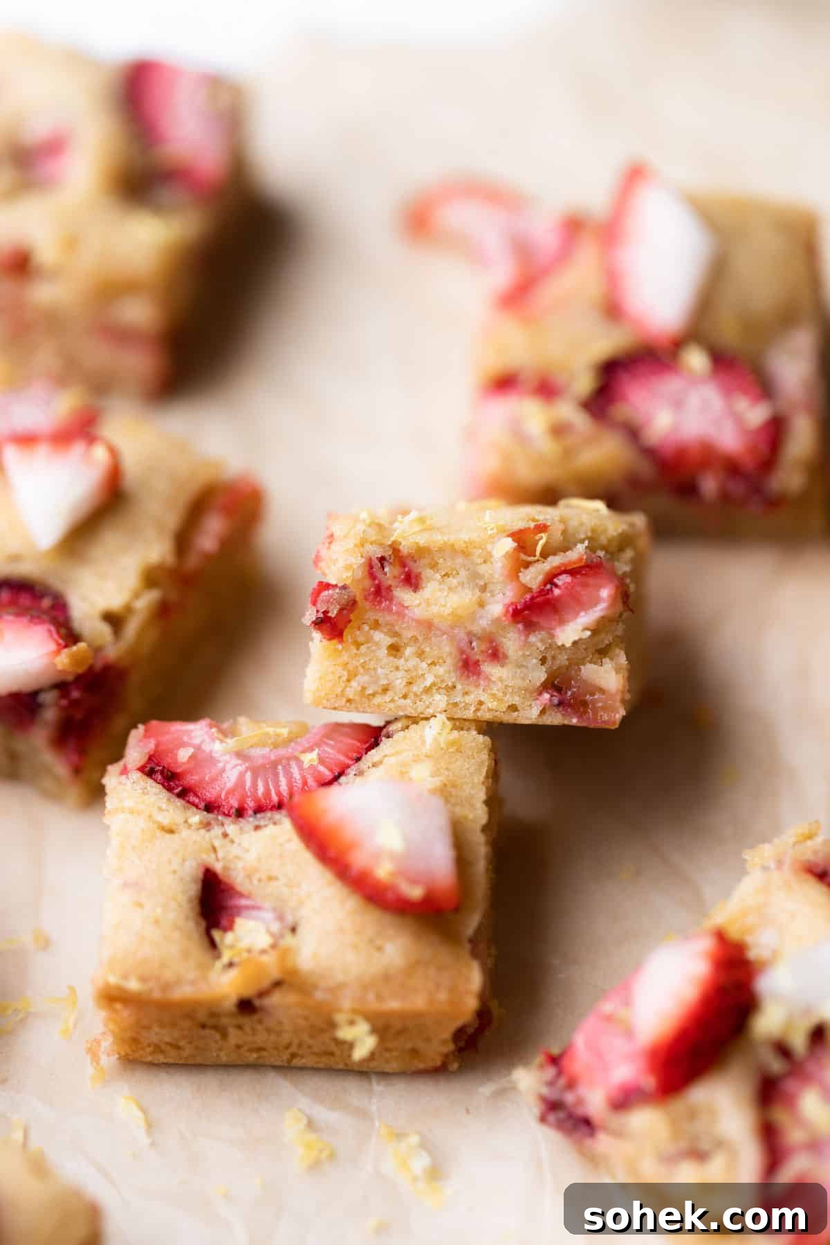 strawberry blondies topped with fresh strawberries on parchment paper.