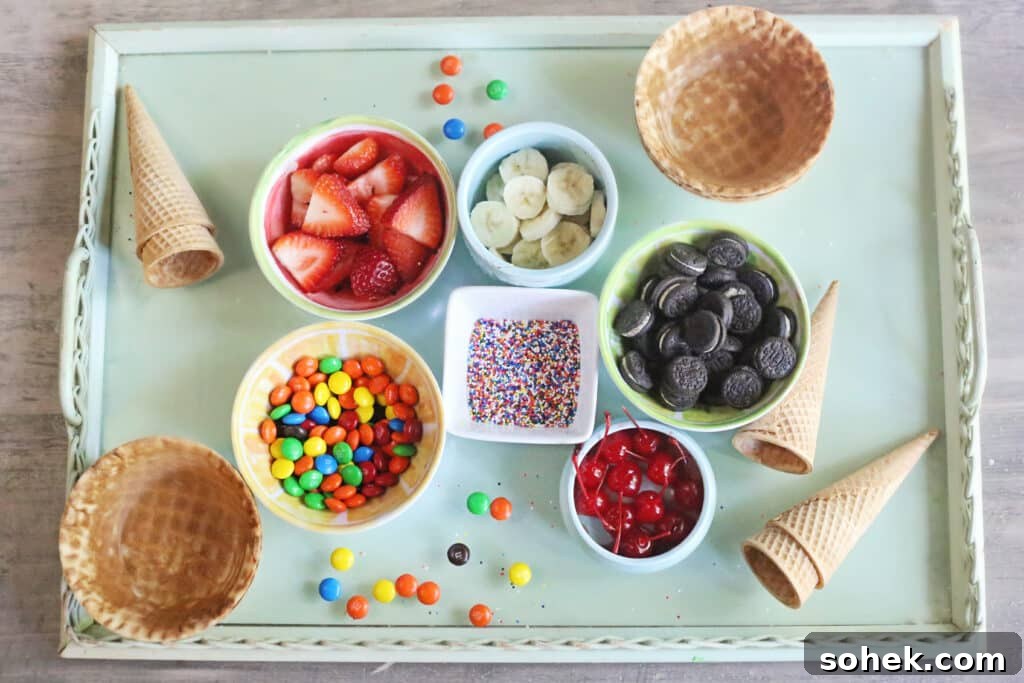 DIY Ice Cream Sundae Bar Ideas for Parties and Gatherings 3 A tray filled with bowls of ice cream toppings and sugar cones and waffle bowls.
