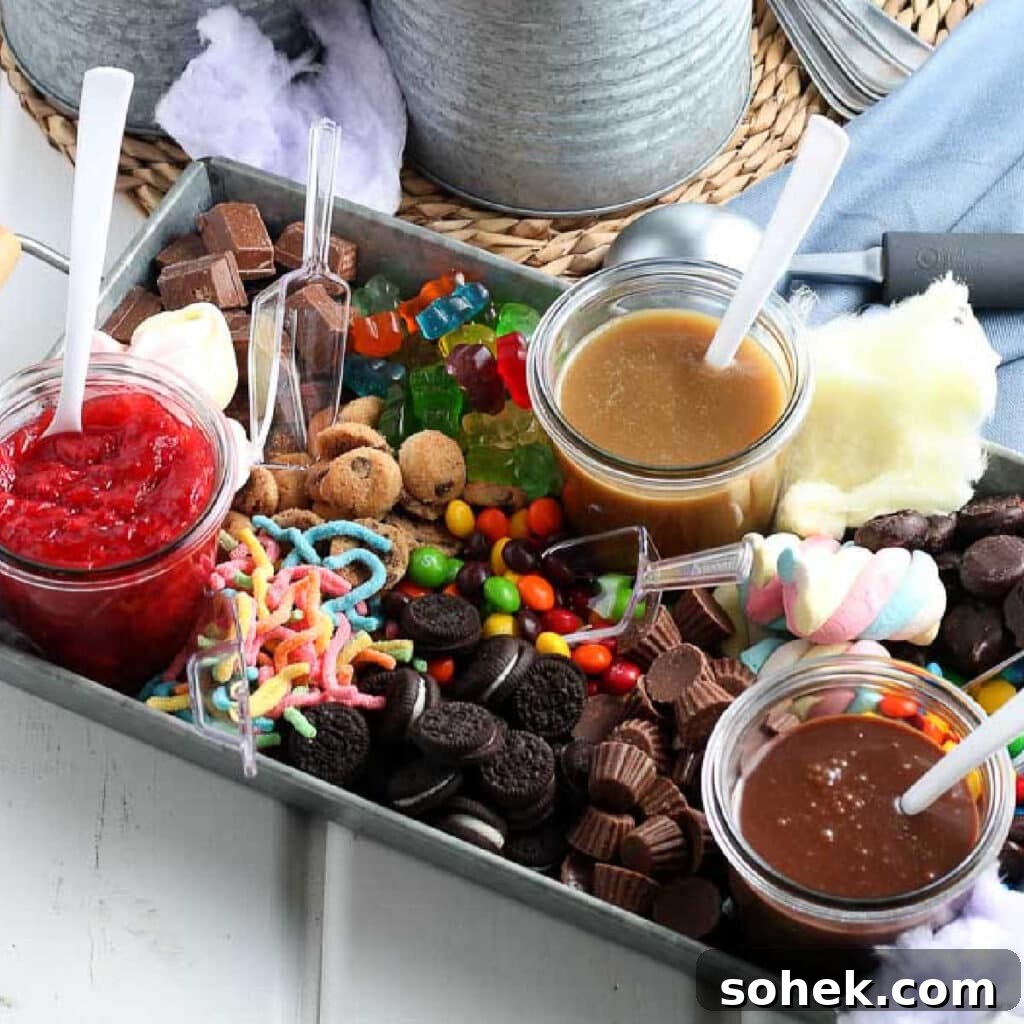 DIY Ice Cream Sundae Bar Ideas for Parties and Gatherings 4 Metal serving tray filled with ice cream sauces and toppings.
