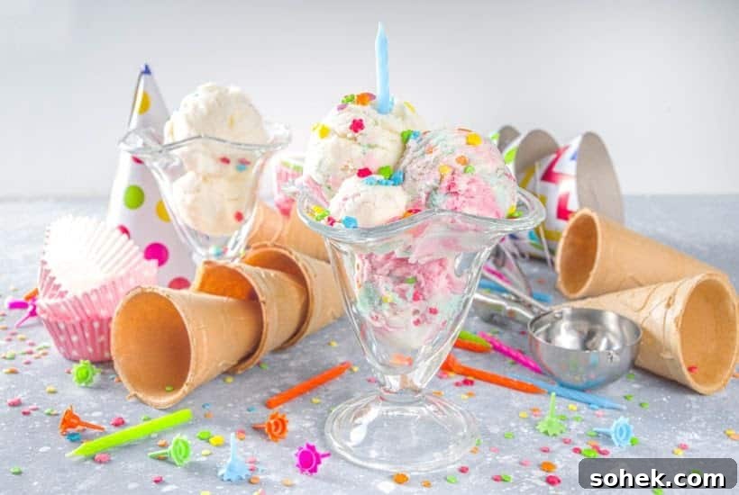 DIY Ice Cream Sundae Bar Ideas for Parties and Gatherings 5 Sundae glasses filled with ice cream and surrounded by cones, candles and sprinkles.