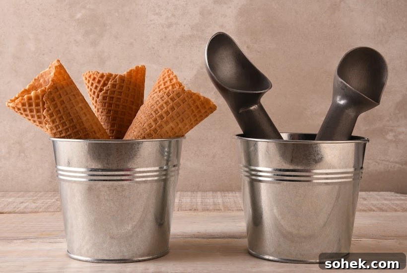 DIY Ice Cream Sundae Bar Ideas for Parties and Gatherings 6 Two metal buckets filled with waffle cones and ice cream scoops.