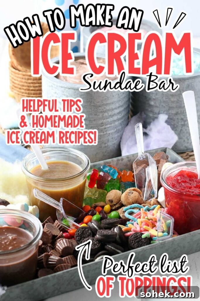 DIY Ice Cream Sundae Bar Ideas for Parties and Gatherings 10 Ice cream sauces and toppings in a metal tray with canisters of ice cream in the background with text overlay.