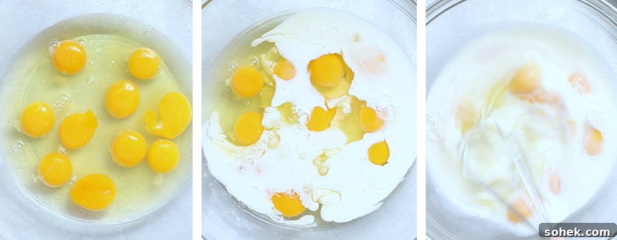 Eggs in bowl, milk being added to bowl, milk and eggs being whisked together.