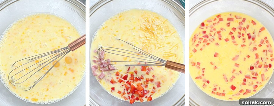 Three-step process for making egg muffins: whisking eggs, adding diced ham and chopped vegetables, then combining all ingredients in a bowl.