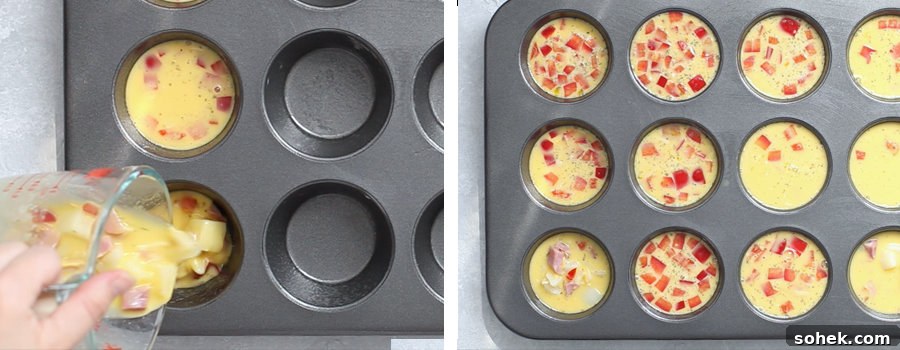 A hand pours egg mixture with diced vegetables into a muffin tin to make delicious egg muffins; the filled muffin tin is shown from above in the second image.