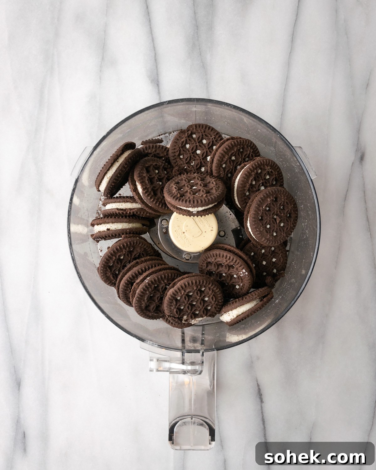 No-Bake Chocolate Mint Pie Recipe: Creamy No-Bake Mint Chocolate Pie 4 Oreos in a food processor before chopping.