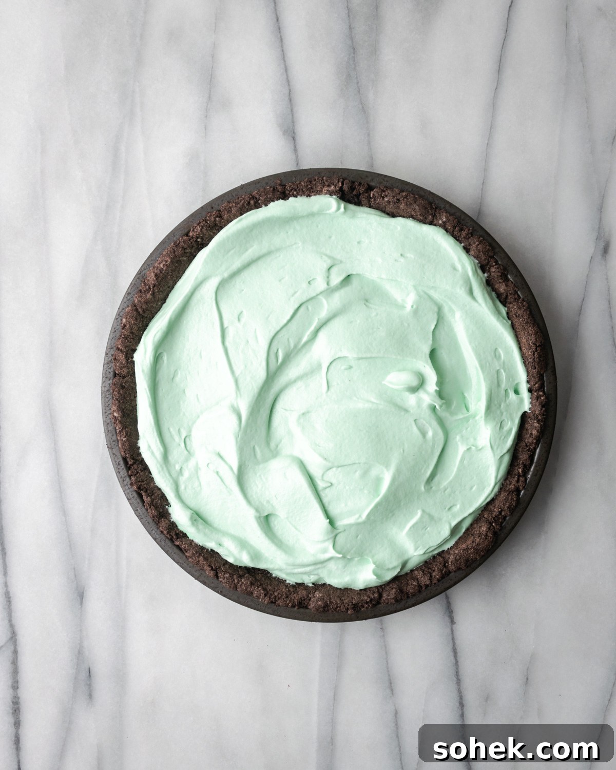 No-Bake Chocolate Mint Pie Recipe: Creamy No-Bake Mint Chocolate Pie 9 Mint pie filling in an Oreo pie crust.