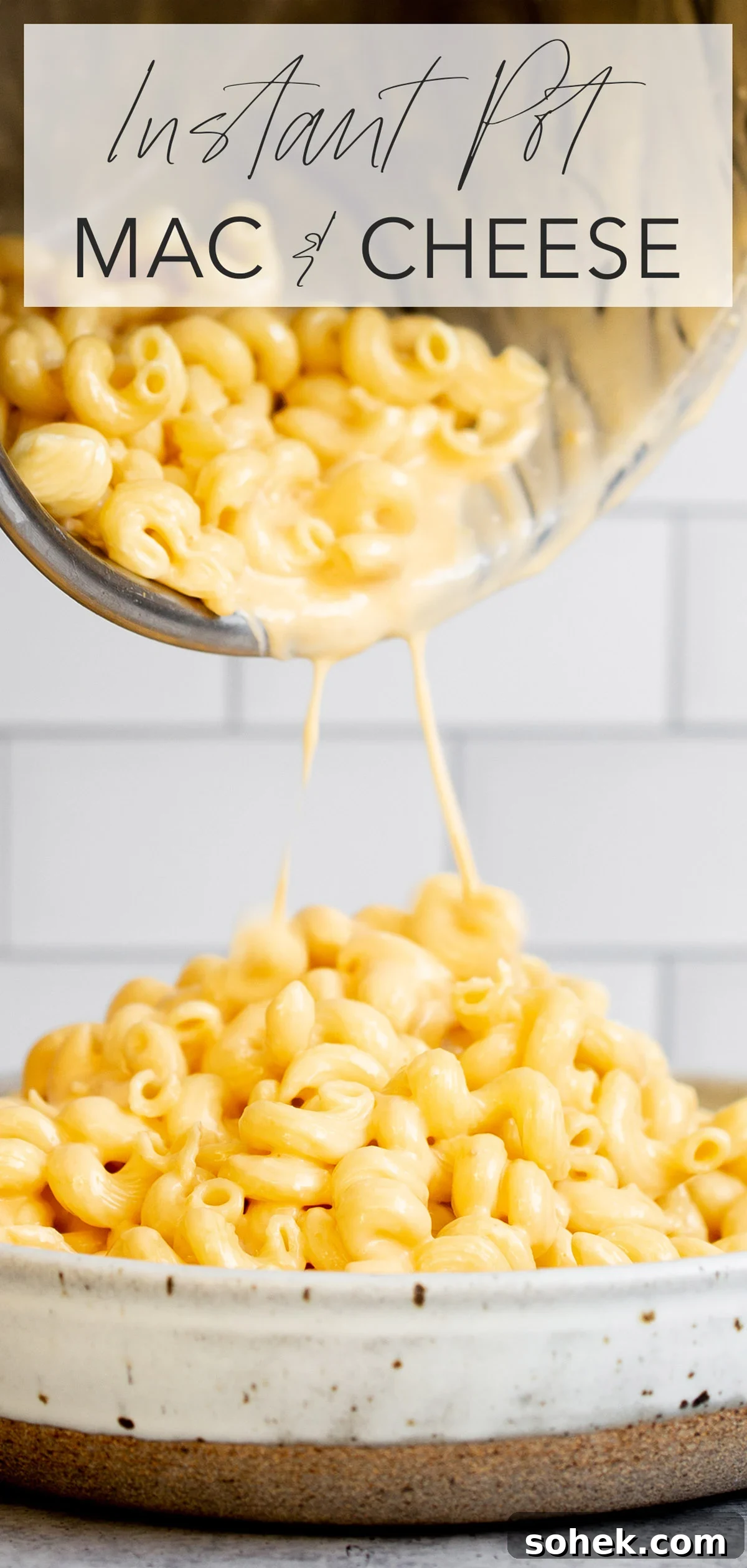 Instant Pot mac and cheese with pasta being poured from pot into serving bowl with title text overlay