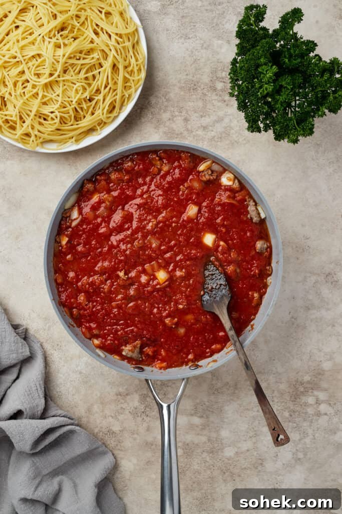 Meat sauce in a skillet.