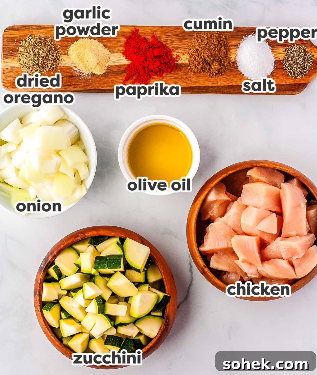 All of the ingredients needed to make this recipe with text overlay labeling each ingredient.