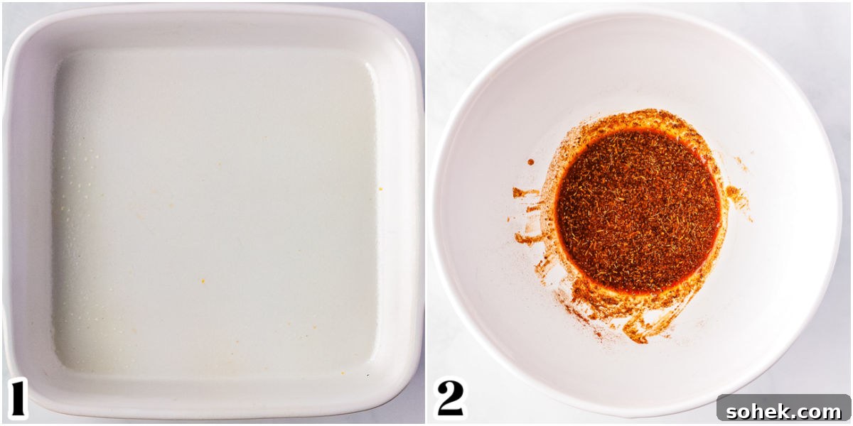 A picture collage of a greased casserole and the marinade combined in a white bowl.