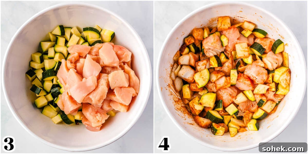 A picture collage of the chicken and zucchini added to the marinade and then it costed in the marinade.